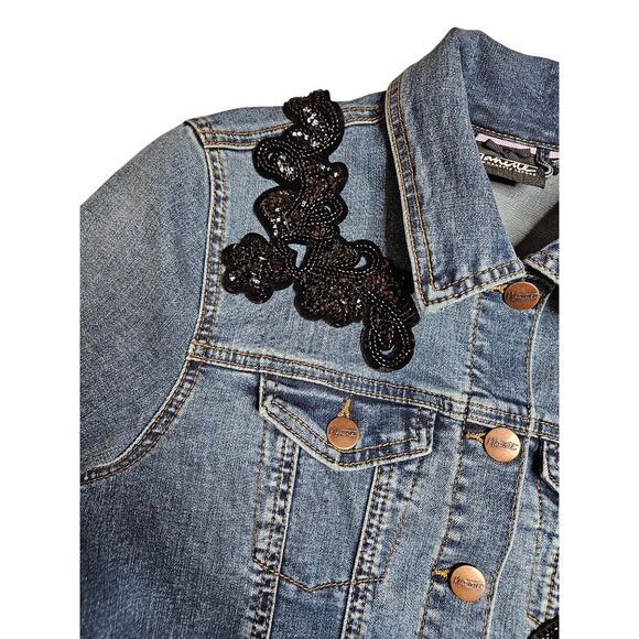 Nanette Lepore Womens XS Denim Button Jacket Black Sequin Floral Streetwear - Picture 8 of 11